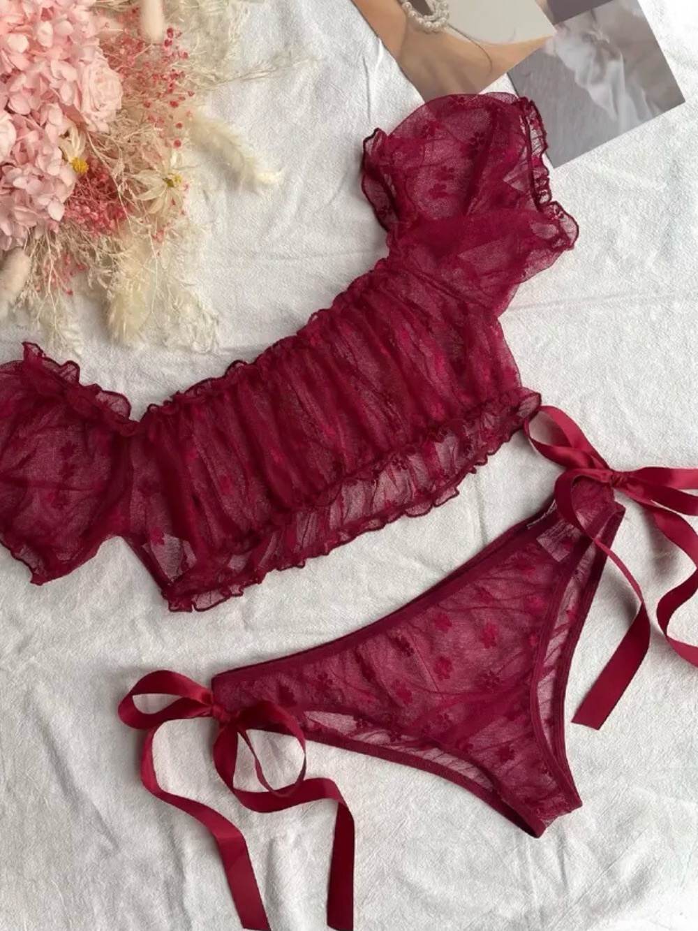 Sheer Ruffled Burgundy Lingerie Set
